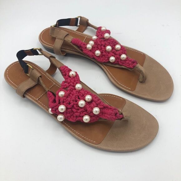 NEW Lanvin Pink Crochet Pearl T-strap Sandals 9 Summer‎ Strap Flat 39 - Picture 2 of 8